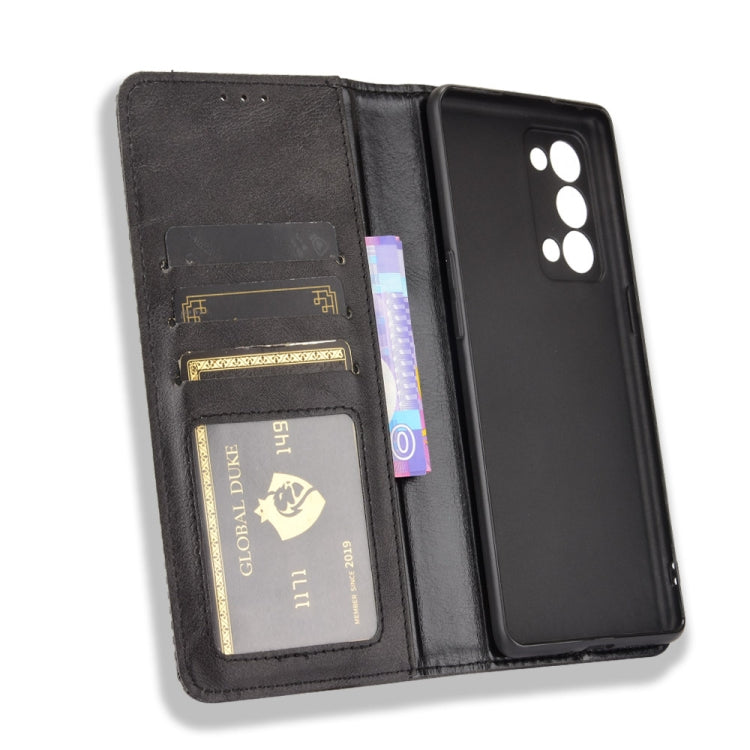 For OPPO Reno6 Pro+ 5G Magnetic Buckle Retro Crazy Horse Texture Horizontal Flip Leather Case with Holder & Card Slots & Photo Frame