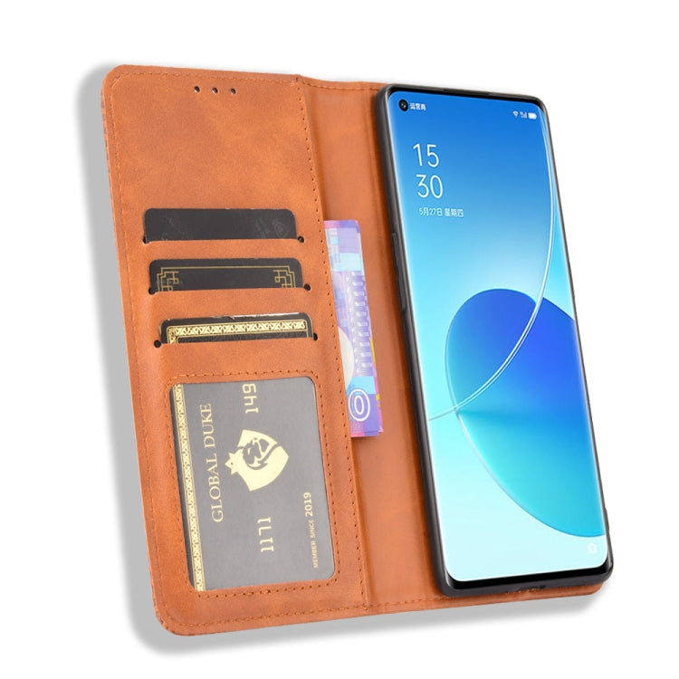 For OPPO Reno6 Pro+ 5G Magnetic Buckle Retro Crazy Horse Texture Horizontal Flip Leather Case with Holder & Card Slots & Photo Frame