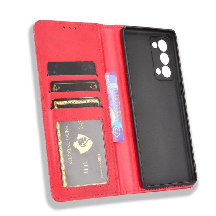 For OPPO Reno6 Pro+ 5G Magnetic Buckle Retro Crazy Horse Texture Horizontal Flip Leather Case with Holder & Card Slots & Photo Frame