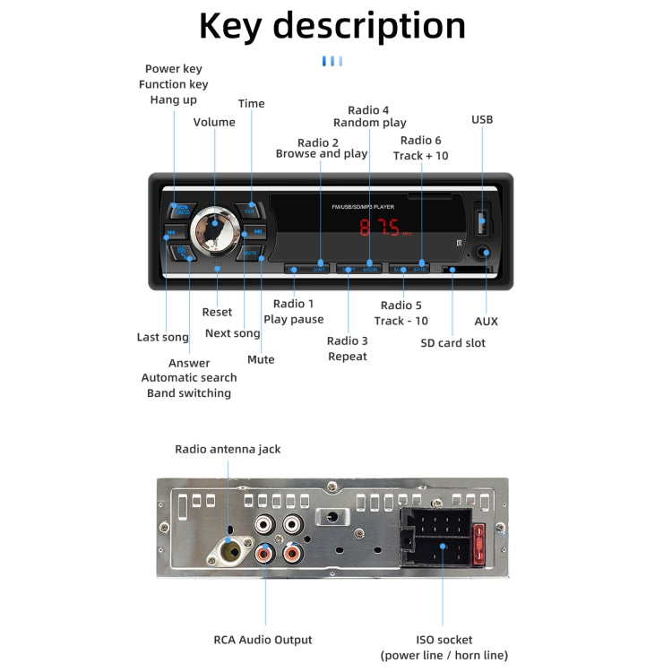 6249 Car MP3 Audio Player, Support Bluetooth Hand-free Calling / FM / USB / SD Card / AUX
