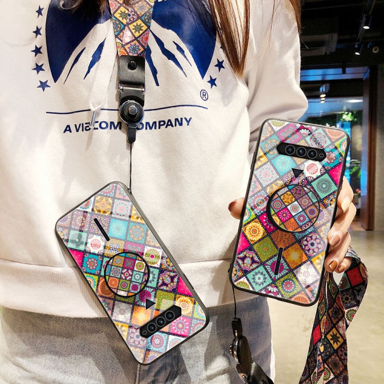 For Xiaomi Black Shark 4 / 4 Pro Painted Ethnic Pattern Tempered Glass TPU Shockproof Case with Folding Magnetic Holder & Neck Strap