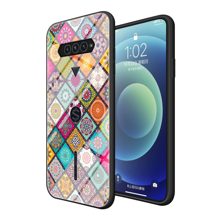 For Xiaomi Black Shark 4 / 4 Pro Painted Ethnic Pattern Tempered Glass TPU Shockproof Case with Folding Magnetic Holder & Neck Strap