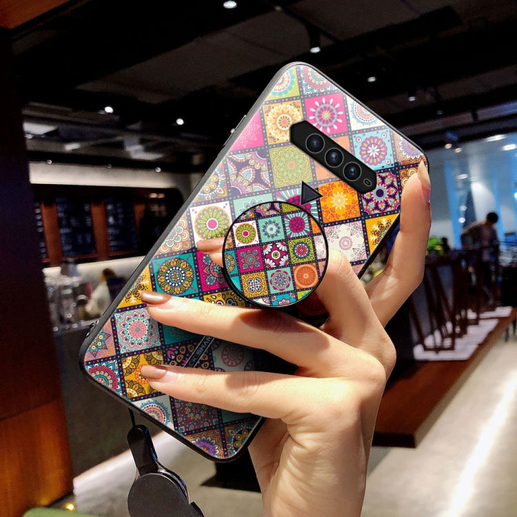 For Xiaomi Black Shark 4 / 4 Pro Painted Ethnic Pattern Tempered Glass TPU Shockproof Case with Folding Magnetic Holder & Neck Strap