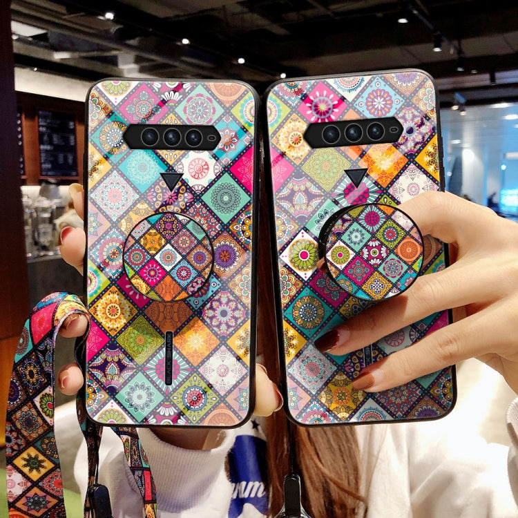 For Xiaomi Black Shark 4 / 4 Pro Painted Ethnic Pattern Tempered Glass TPU Shockproof Case with Folding Magnetic Holder & Neck Strap