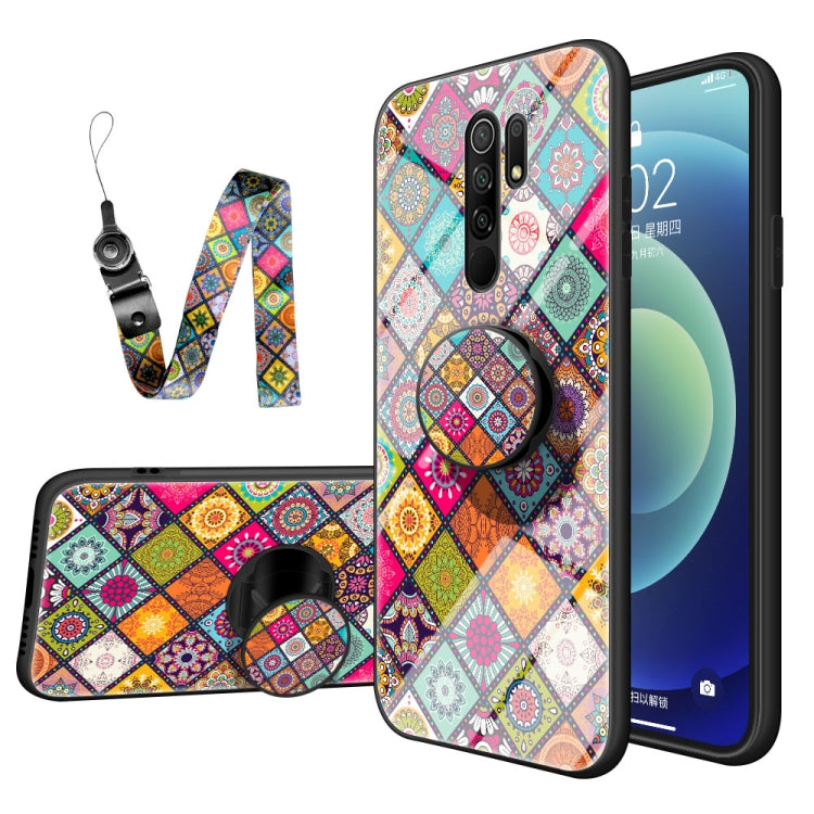 For Xiaomi Redmi 9 Painted Ethnic Pattern Tempered Glass TPU Shockproof Case with Folding Magnetic Holder & Neck Strap