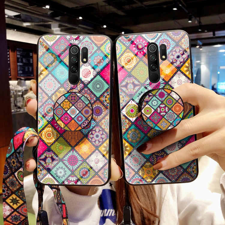 For Xiaomi Redmi 9 Painted Ethnic Pattern Tempered Glass TPU Shockproof Case with Folding Magnetic Holder & Neck Strap