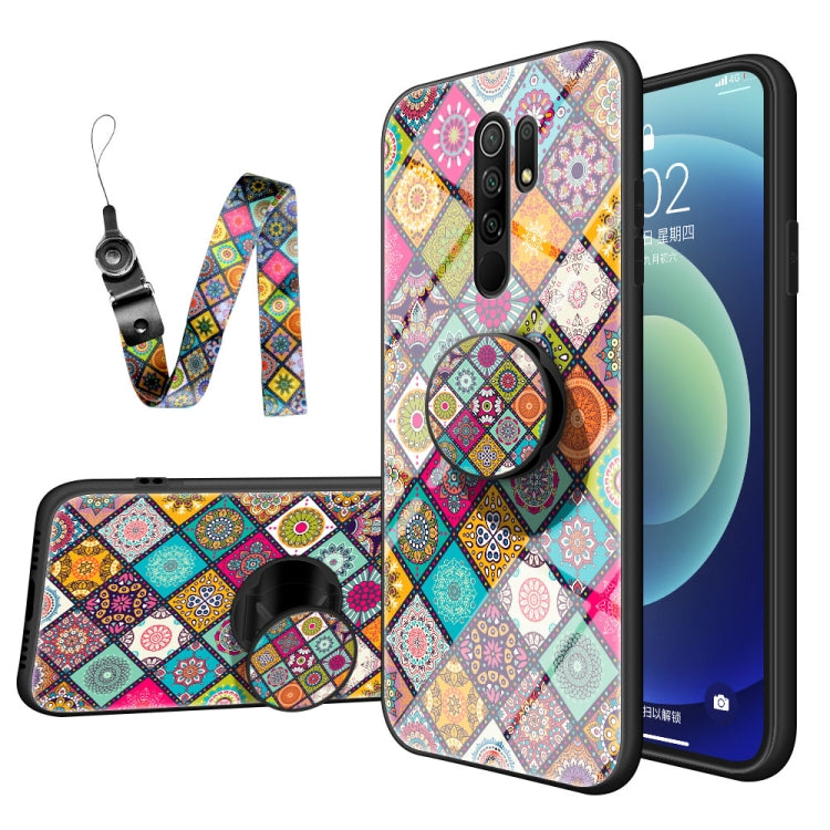 For Xiaomi Redmi 9 Painted Ethnic Pattern Tempered Glass TPU Shockproof Case with Folding Magnetic Holder & Neck Strap