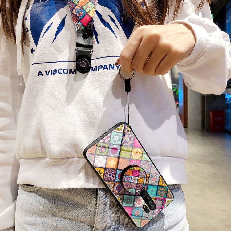 For Xiaomi Redmi 9 Painted Ethnic Pattern Tempered Glass TPU Shockproof Case with Folding Magnetic Holder & Neck Strap