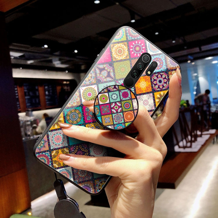 For Xiaomi Redmi 9 Painted Ethnic Pattern Tempered Glass TPU Shockproof Case with Folding Magnetic Holder & Neck Strap