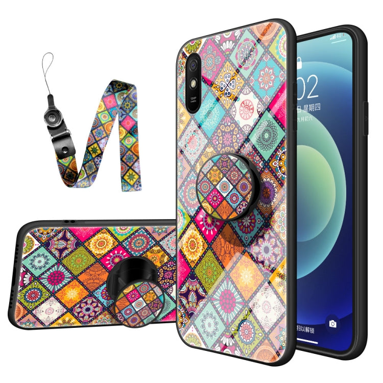 For Xiaomi Redmi 9A Painted Ethnic Pattern Tempered Glass TPU Shockproof Case with Folding Magnetic Holder & Neck Strap