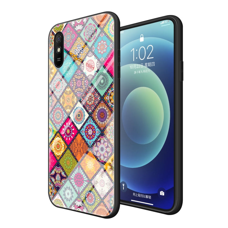 For Xiaomi Redmi 9A Painted Ethnic Pattern Tempered Glass TPU Shockproof Case with Folding Magnetic Holder & Neck Strap