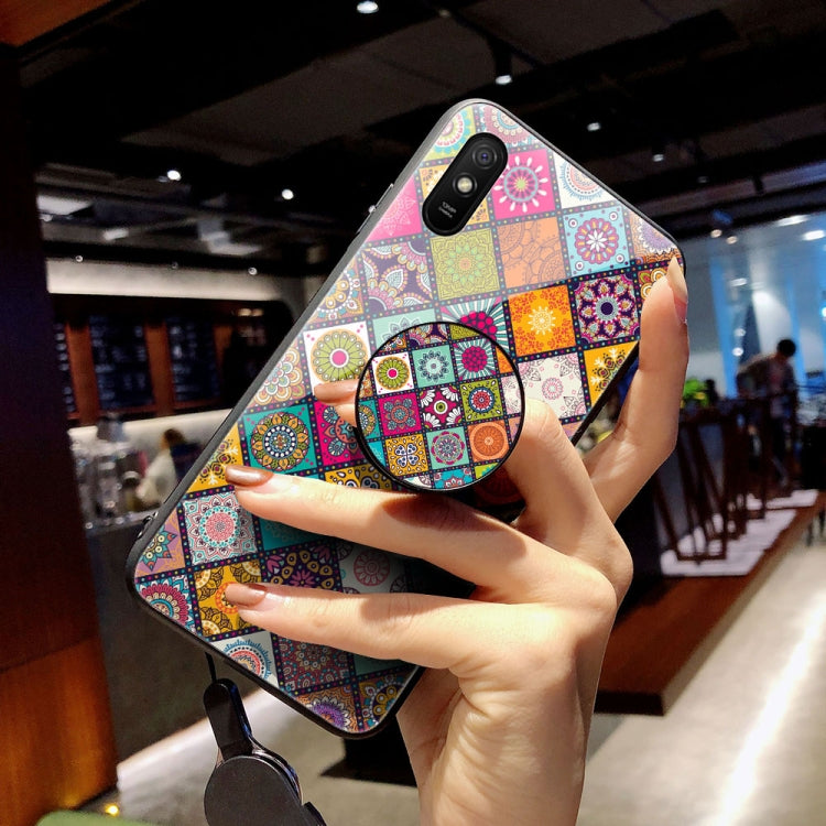 For Xiaomi Redmi 9A Painted Ethnic Pattern Tempered Glass TPU Shockproof Case with Folding Magnetic Holder & Neck Strap