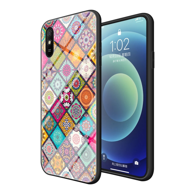 For Xiaomi Redmi 9A Painted Ethnic Pattern Tempered Glass TPU Shockproof Case with Folding Magnetic Holder & Neck Strap