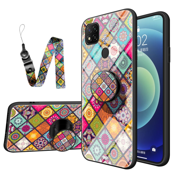 For Xiaomi Redmi 9C Painted Ethnic Pattern Tempered Glass TPU Shockproof Case with Folding Magnetic Holder & Neck Strap