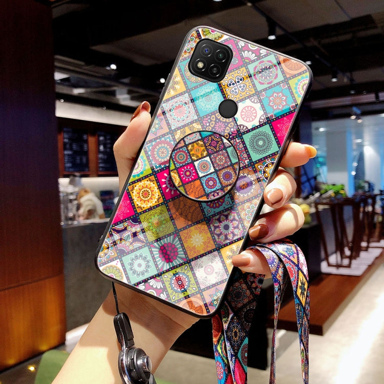 For Xiaomi Redmi 9C Painted Ethnic Pattern Tempered Glass TPU Shockproof Case with Folding Magnetic Holder & Neck Strap
