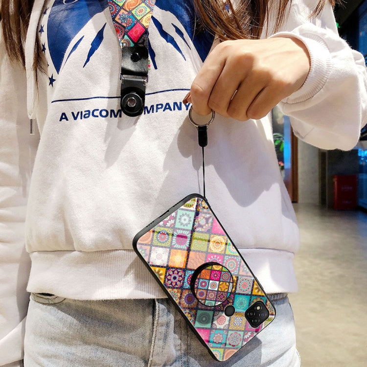 For Xiaomi Redmi 9C Painted Ethnic Pattern Tempered Glass TPU Shockproof Case with Folding Magnetic Holder & Neck Strap