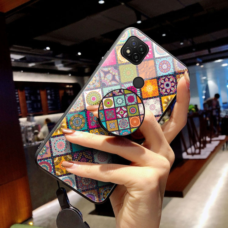For Xiaomi Redmi 9C Painted Ethnic Pattern Tempered Glass TPU Shockproof Case with Folding Magnetic Holder & Neck Strap