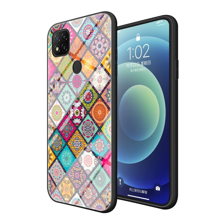 For Xiaomi Redmi 9C Painted Ethnic Pattern Tempered Glass TPU Shockproof Case with Folding Magnetic Holder & Neck Strap