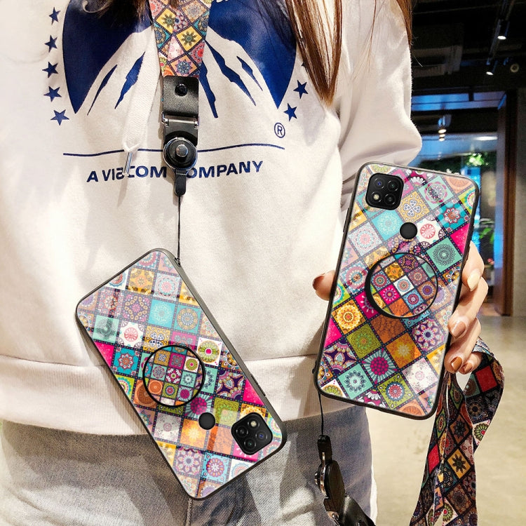 For Xiaomi Redmi 9C Painted Ethnic Pattern Tempered Glass TPU Shockproof Case with Folding Magnetic Holder & Neck Strap