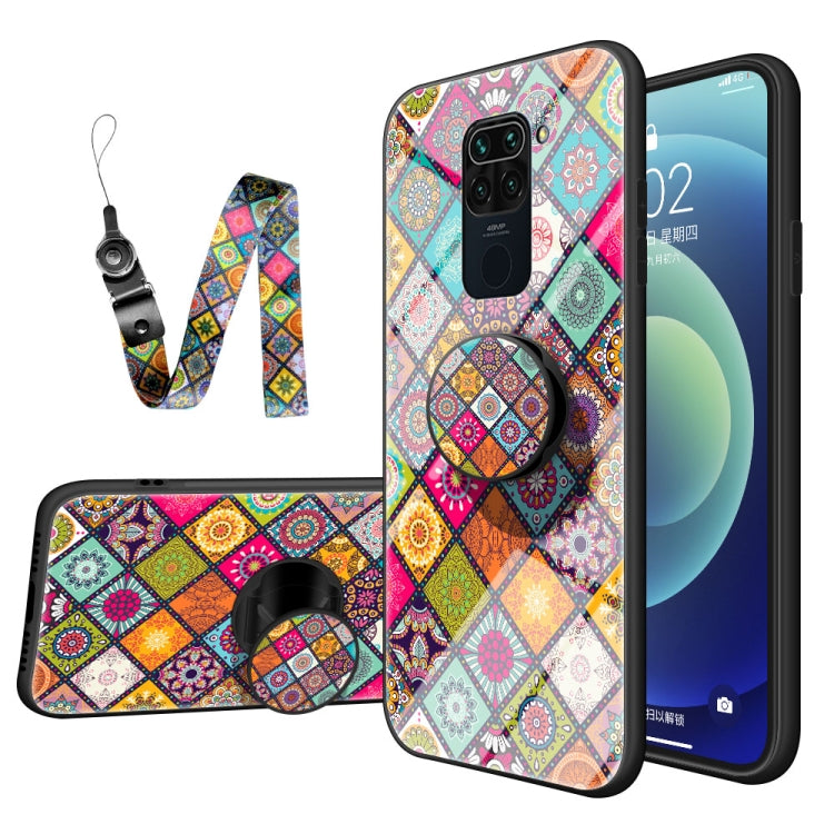 For Xiaomi Redmi 10X 4G Painted Ethnic Pattern Tempered Glass TPU Shockproof Case with Folding Magnetic Holder & Neck Strap