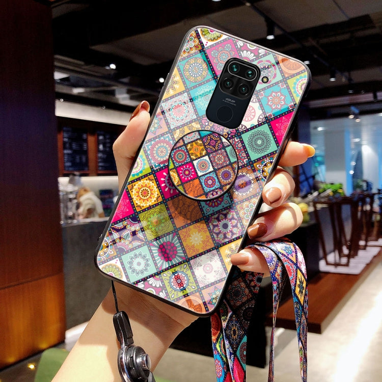 For Xiaomi Redmi 10X 4G Painted Ethnic Pattern Tempered Glass TPU Shockproof Case with Folding Magnetic Holder & Neck Strap