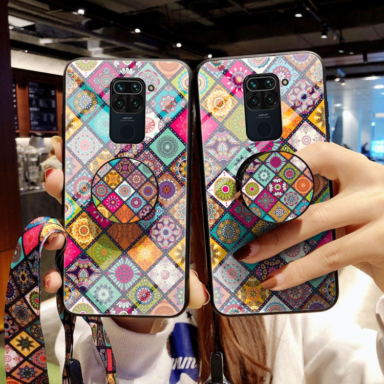 For Xiaomi Redmi 10X 4G Painted Ethnic Pattern Tempered Glass TPU Shockproof Case with Folding Magnetic Holder & Neck Strap