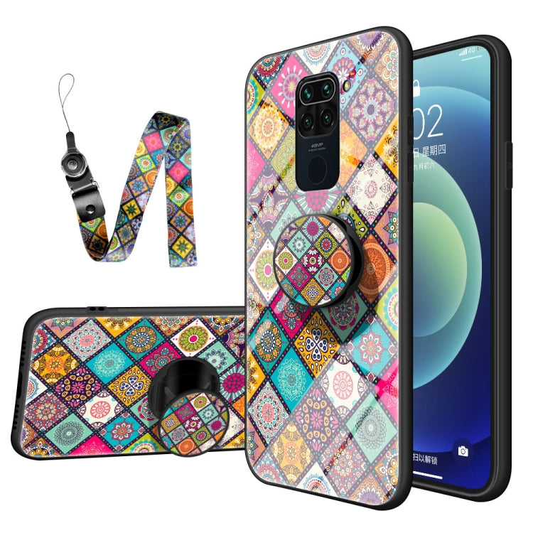 For Xiaomi Redmi 10X 4G Painted Ethnic Pattern Tempered Glass TPU Shockproof Case with Folding Magnetic Holder & Neck Strap