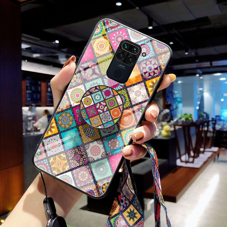 For Xiaomi Redmi 10X 4G Painted Ethnic Pattern Tempered Glass TPU Shockproof Case with Folding Magnetic Holder & Neck Strap