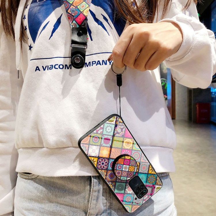 For Xiaomi Redmi 10X 4G Painted Ethnic Pattern Tempered Glass TPU Shockproof Case with Folding Magnetic Holder & Neck Strap