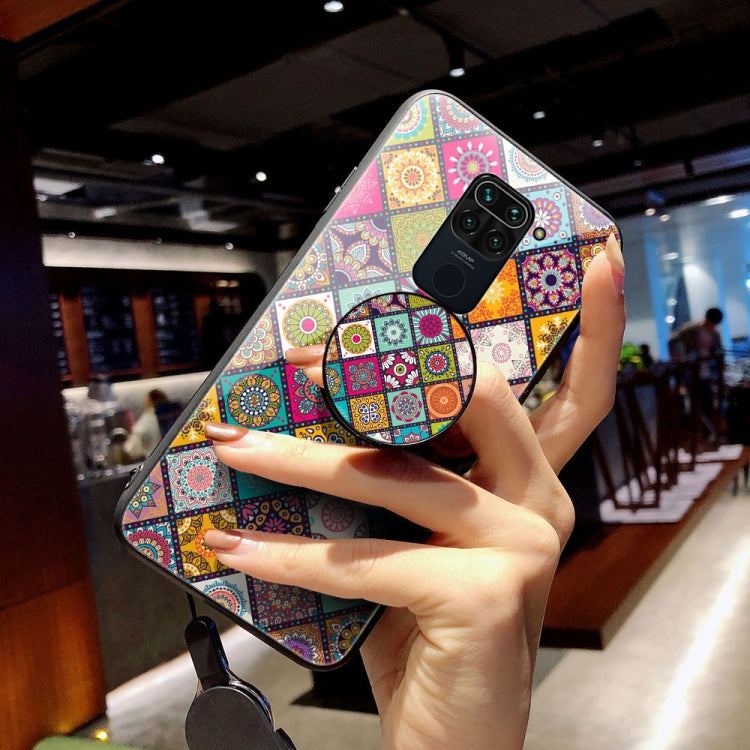 For Xiaomi Redmi 10X 4G Painted Ethnic Pattern Tempered Glass TPU Shockproof Case with Folding Magnetic Holder & Neck Strap