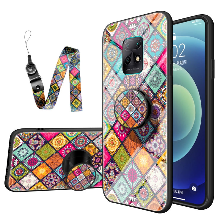 For Xiaomi Redmi 10X 5G Painted Ethnic Pattern Tempered Glass TPU Shockproof Case with Folding Magnetic Holder & Neck Strap