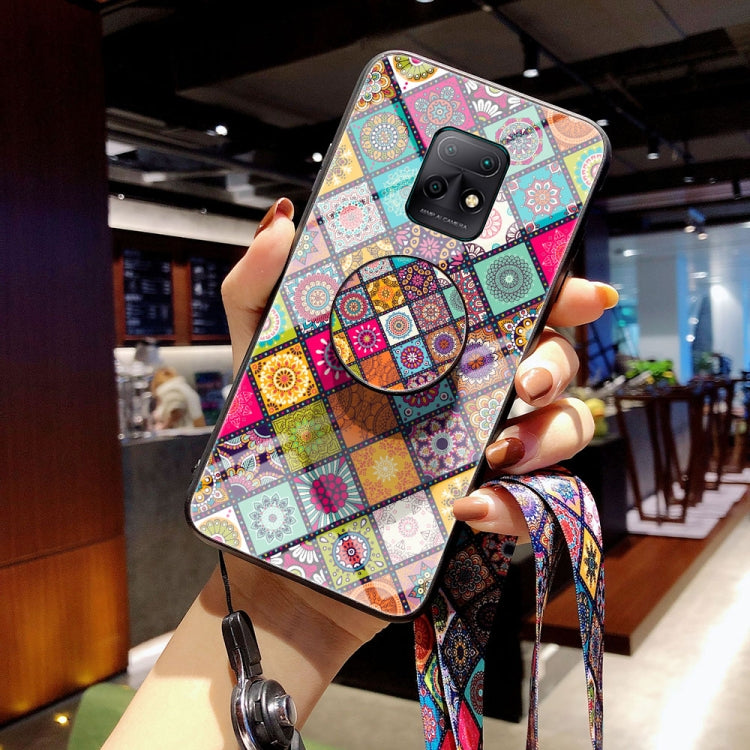 For Xiaomi Redmi 10X 5G Painted Ethnic Pattern Tempered Glass TPU Shockproof Case with Folding Magnetic Holder & Neck Strap