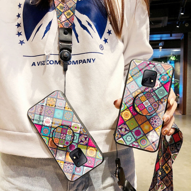 For Xiaomi Redmi 10X 5G Painted Ethnic Pattern Tempered Glass TPU Shockproof Case with Folding Magnetic Holder & Neck Strap