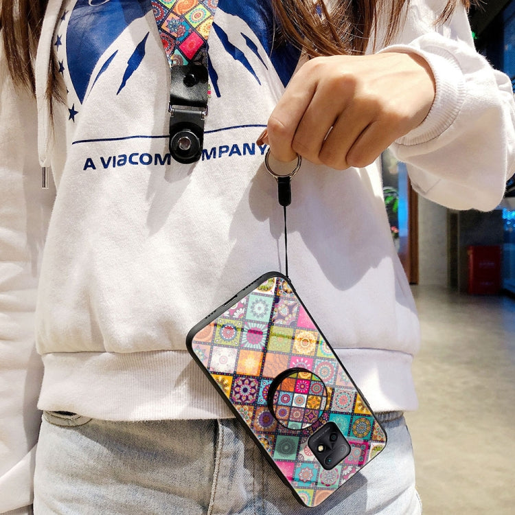 For Xiaomi Redmi 10X 5G Painted Ethnic Pattern Tempered Glass TPU Shockproof Case with Folding Magnetic Holder & Neck Strap