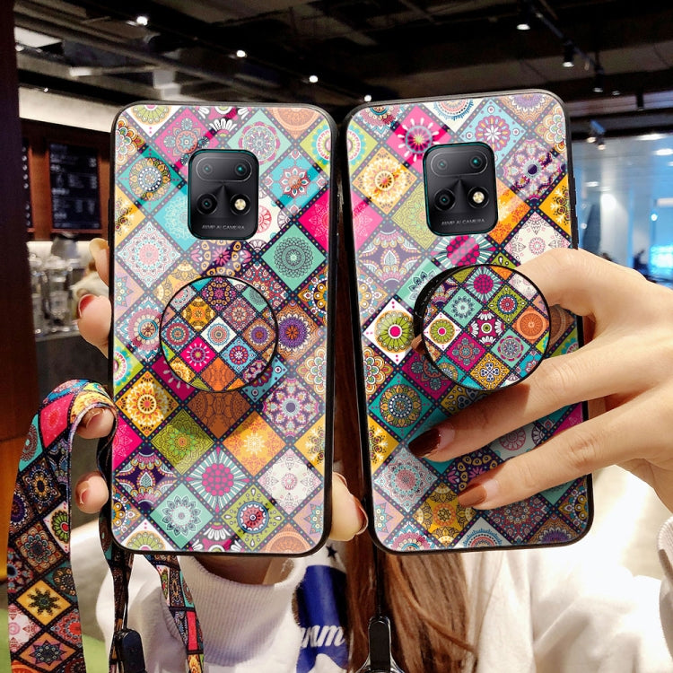 For Xiaomi Redmi 10X 5G Painted Ethnic Pattern Tempered Glass TPU Shockproof Case with Folding Magnetic Holder & Neck Strap