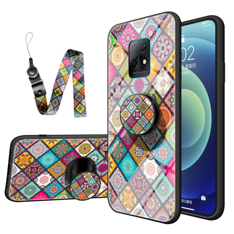 For Xiaomi Redmi 10X 5G Painted Ethnic Pattern Tempered Glass TPU Shockproof Case with Folding Magnetic Holder & Neck Strap