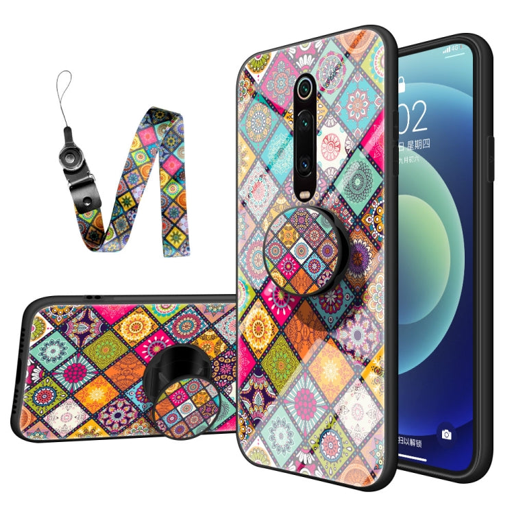 For Xiaomi Redmi K20 / K20 Pro Painted Ethnic Pattern Tempered Glass TPU Shockproof Case with Folding Magnetic Holder & Neck Strap
