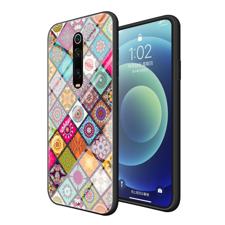 For Xiaomi Redmi K20 / K20 Pro Painted Ethnic Pattern Tempered Glass TPU Shockproof Case with Folding Magnetic Holder & Neck Strap