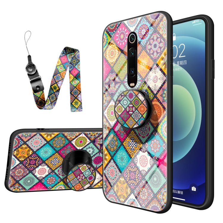 For Xiaomi Redmi K20 / K20 Pro Painted Ethnic Pattern Tempered Glass TPU Shockproof Case with Folding Magnetic Holder & Neck Strap