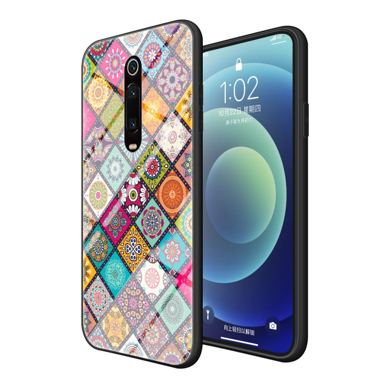For Xiaomi Redmi K20 / K20 Pro Painted Ethnic Pattern Tempered Glass TPU Shockproof Case with Folding Magnetic Holder & Neck Strap