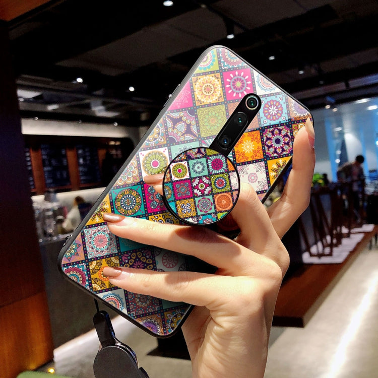 For Xiaomi Redmi K20 / K20 Pro Painted Ethnic Pattern Tempered Glass TPU Shockproof Case with Folding Magnetic Holder & Neck Strap