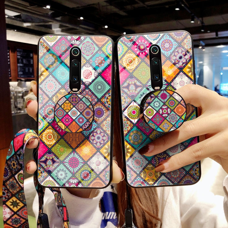 For Xiaomi Redmi K20 / K20 Pro Painted Ethnic Pattern Tempered Glass TPU Shockproof Case with Folding Magnetic Holder & Neck Strap