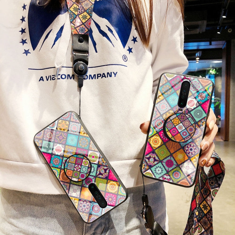 For Xiaomi Redmi K30 5G Painted Ethnic Pattern Tempered Glass TPU Shockproof Case with Folding Magnetic Holder & Neck Strap