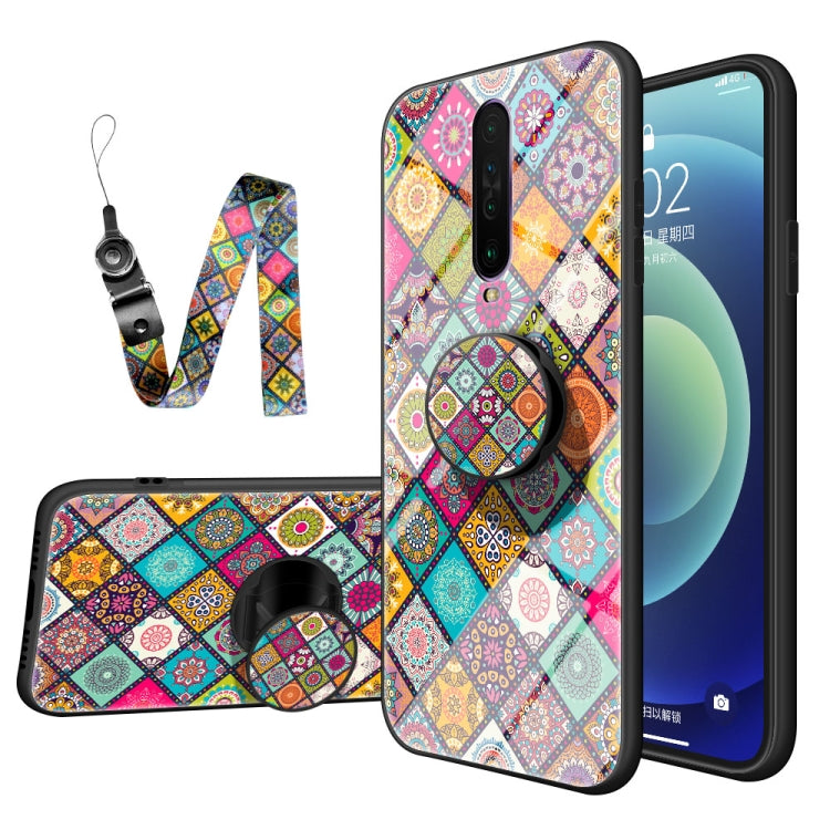 For Xiaomi Redmi K30 5G Painted Ethnic Pattern Tempered Glass TPU Shockproof Case with Folding Magnetic Holder & Neck Strap