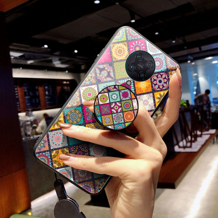 For Xiaomi Redmi K30 Pro Painted Ethnic Pattern Tempered Glass TPU Shockproof Case with Folding Magnetic Holder & Neck Strap