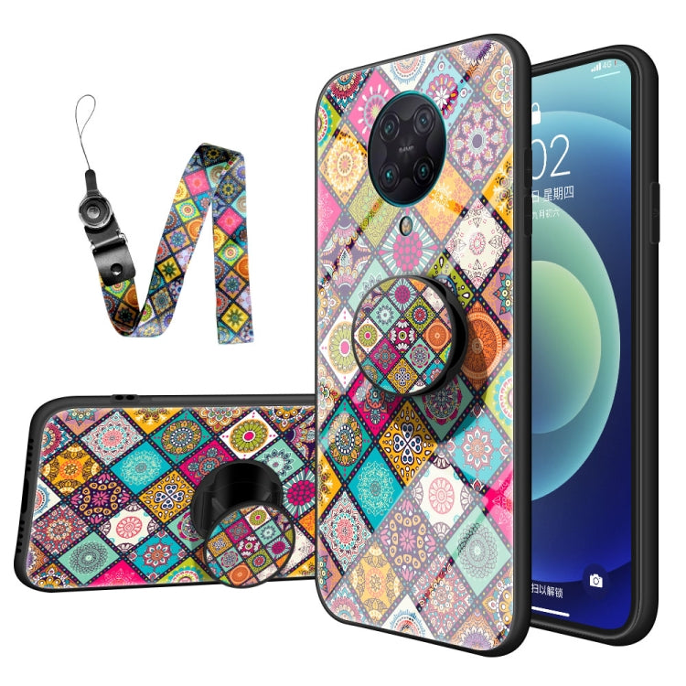 For Xiaomi Redmi K30 Pro Painted Ethnic Pattern Tempered Glass TPU Shockproof Case with Folding Magnetic Holder & Neck Strap