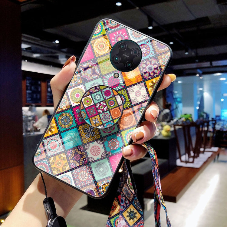 For Xiaomi Redmi K30 Pro Painted Ethnic Pattern Tempered Glass TPU Shockproof Case with Folding Magnetic Holder & Neck Strap