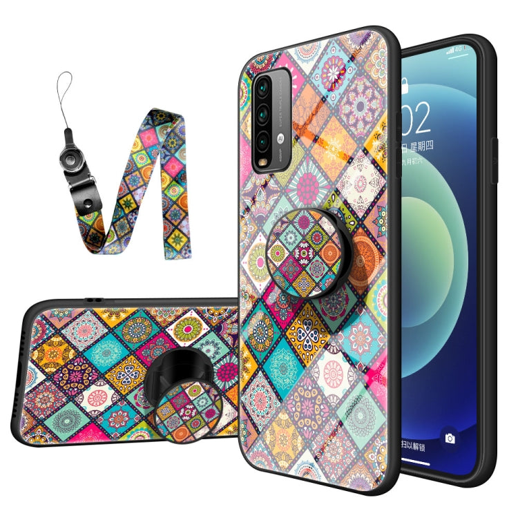For Xiaomi Redmi Note 9 4G / Note 9T Painted Ethnic Pattern Tempered Glass TPU Shockproof Case with Folding Magnetic Holder & Neck Strap