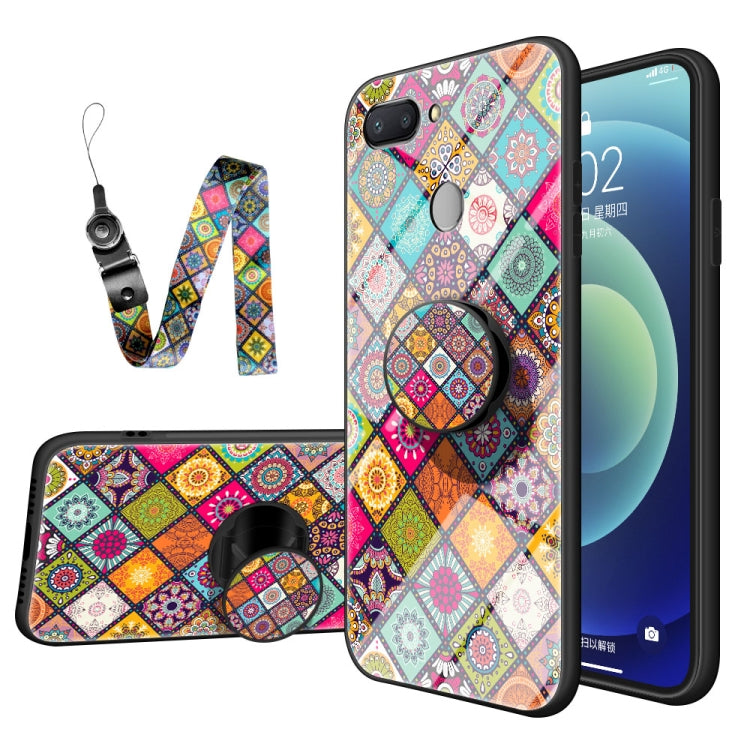 For Xiaomi Redmi Note 10 4G / Note 10S Painted Ethnic Pattern Tempered Glass TPU Shockproof Case with Folding Magnetic Holder & Neck Strap