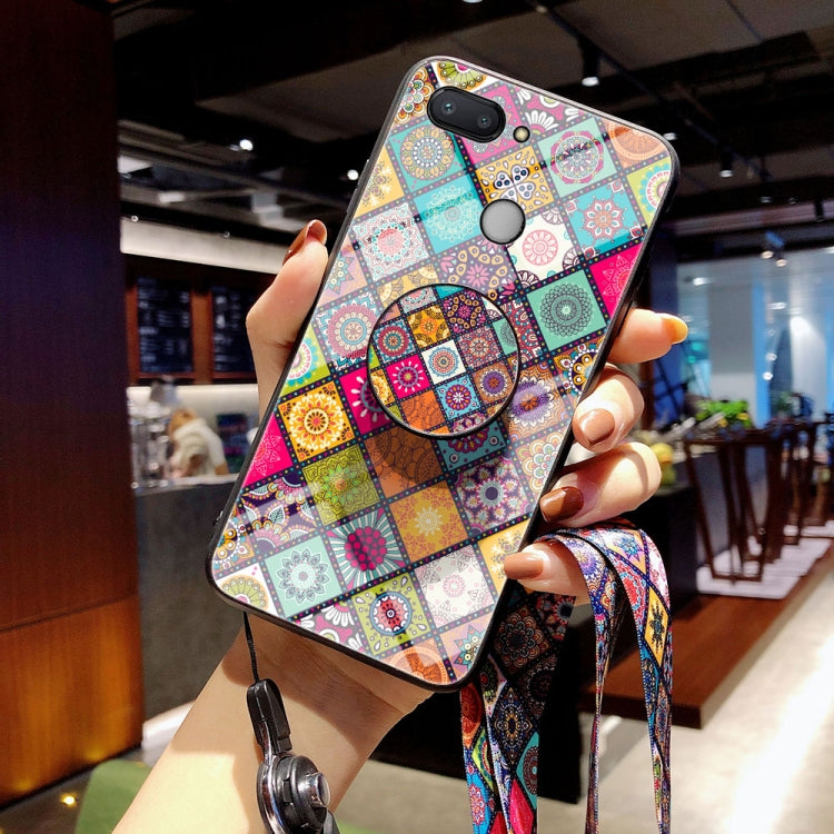 For Xiaomi Redmi Note 10 4G / Note 10S Painted Ethnic Pattern Tempered Glass TPU Shockproof Case with Folding Magnetic Holder & Neck Strap